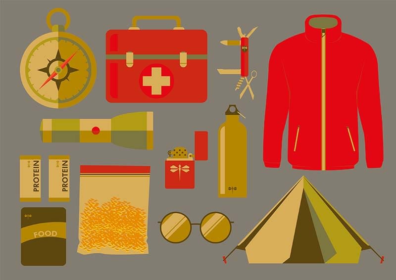 An illustration representing 10 essentials when going on a hike